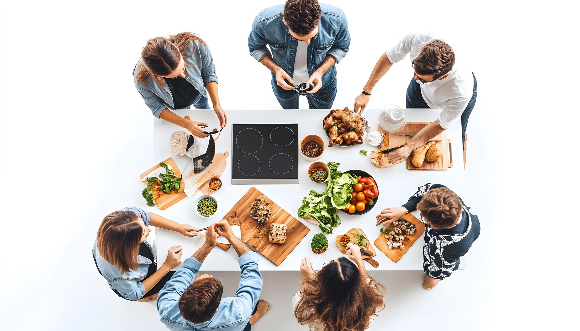 Team beim gemeinsamen Anrichten auf Arbeitstisch